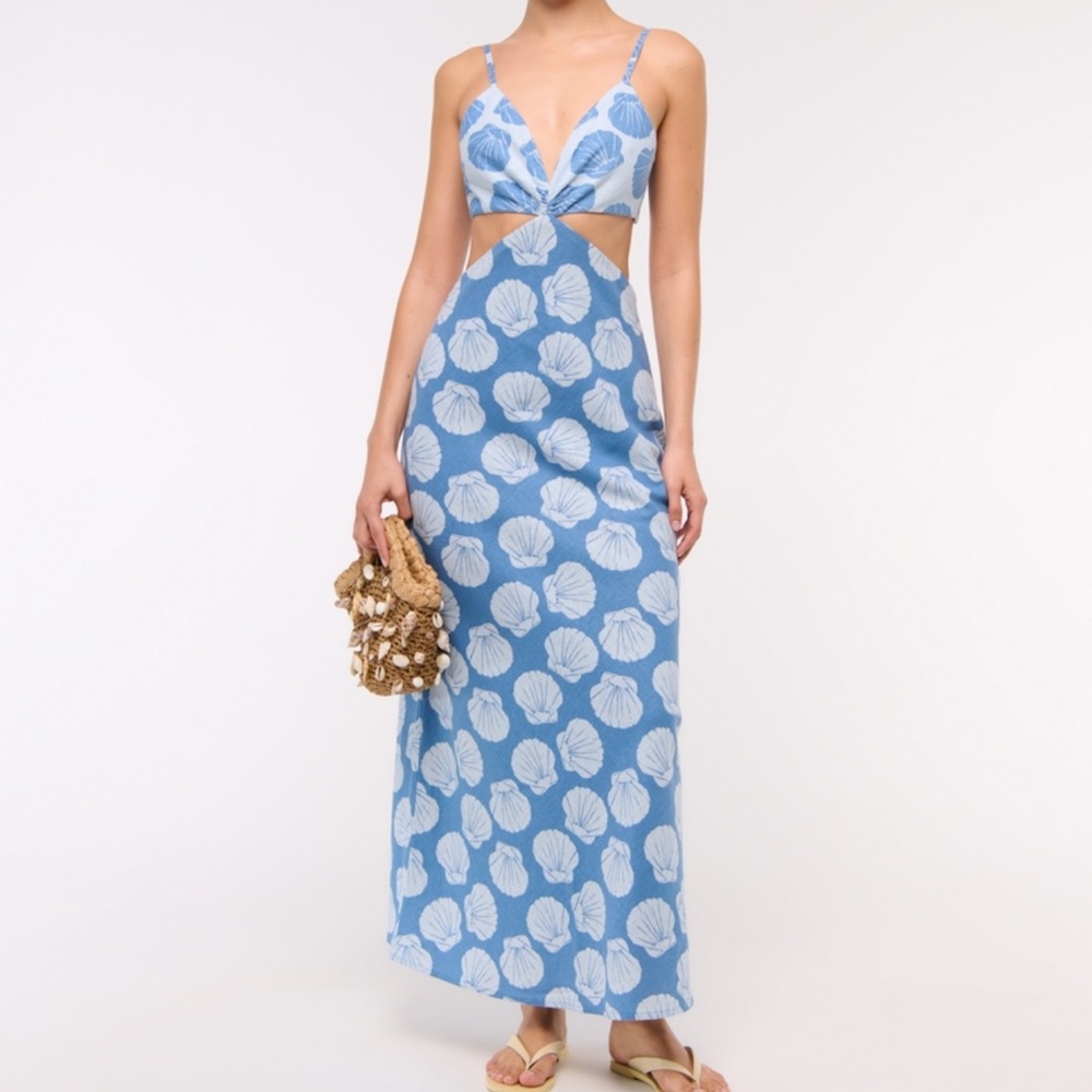 Abercrombie & Fitch Blue and White Shell Print Cutout Maxi Dress